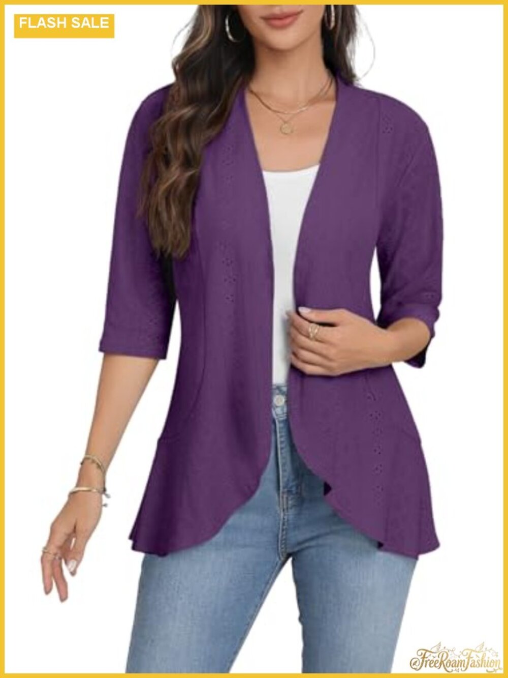 Women Cardigan 3/4 Sleeve Open Front Lightweight Netted Knit Ruffle Kimono
